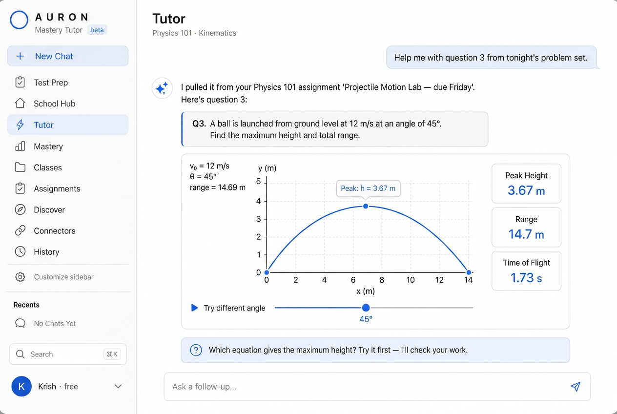 Auron AI tutor coaching a student through a physics problem
